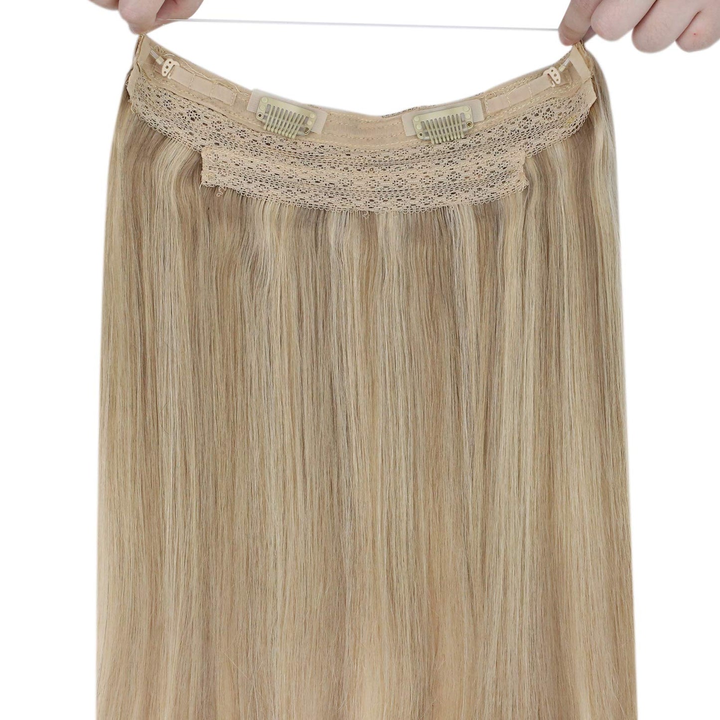 Sunny Wire Hair Extensions Real Human Hair Fish Line Human Hair Extensions Invisible Wire Extensions Golden Blonde with Medium Blonde Highlights #16/22 18 Inch