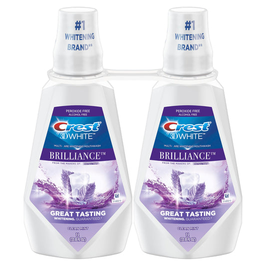 Crest Mouthwash/Mouth Rinse, 3D White Brilliance Whitening, Alcohol Free, Clean Mint, 2x1L (33.8 fl oz)