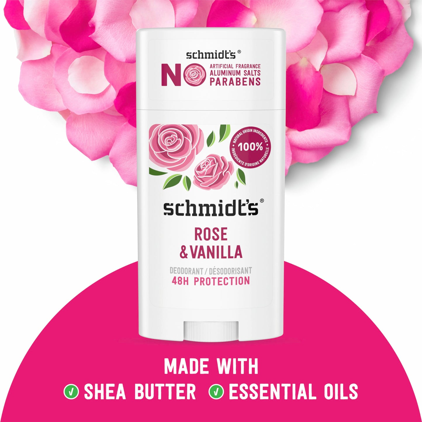 Schmidt's Aluminum-Free Vegan Deodorant Rose & Vanilla with 24 Hour Odor Protection 2 Count for Women and Men, Natural Ingredients, Cruelty-Free, 2.65 oz