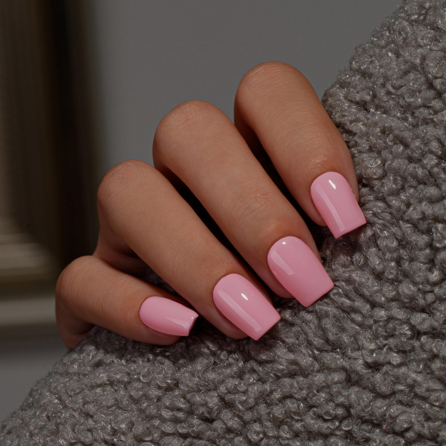 KQueenest Dark Pink Press On Nails Medium Square - Summer Press On Nails Short Coffin, Sheer Chalk Pink Fake Nails with Glue, Glossy Opaque, Reusable Soft Gel Glue on Nails for Women, 28 Pcs