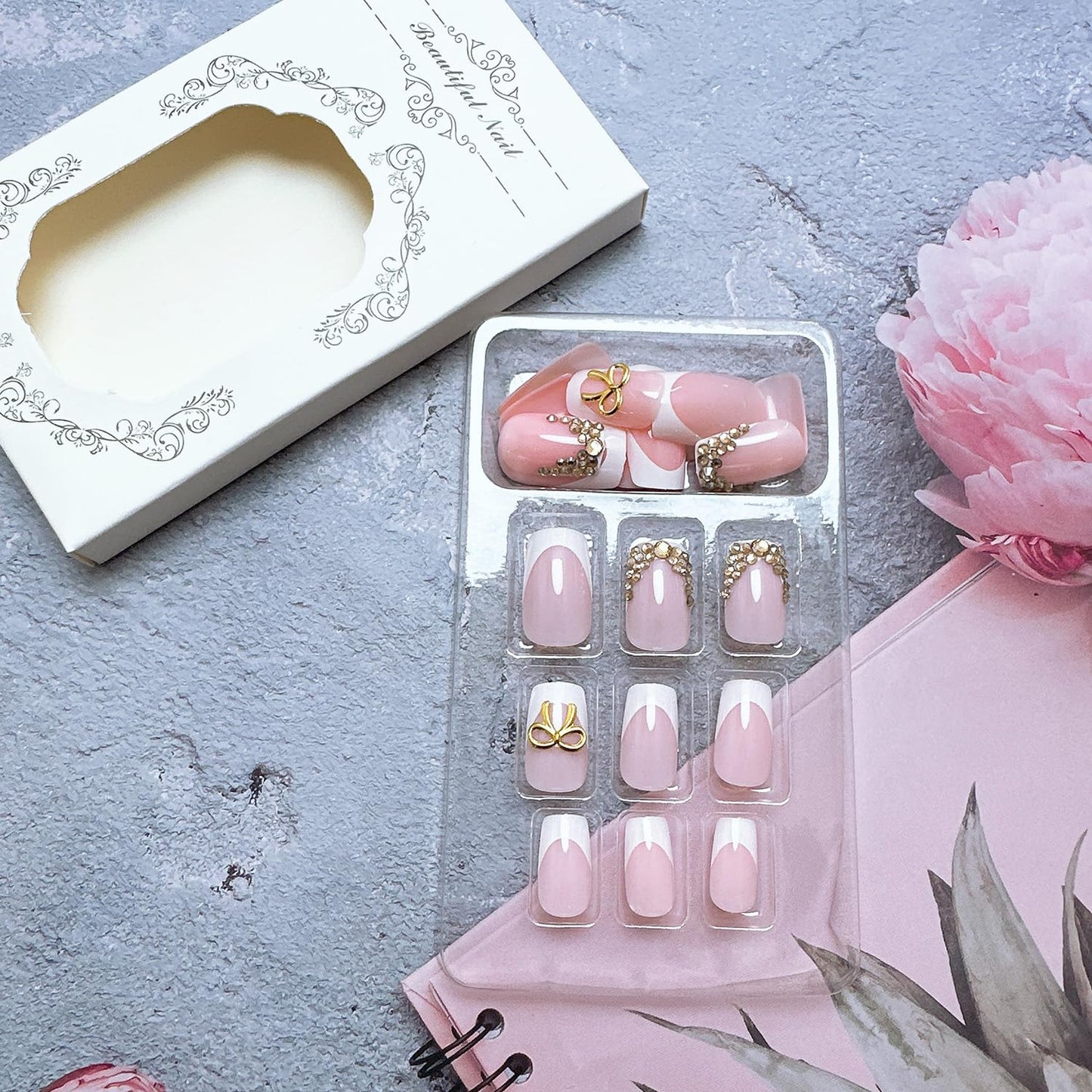 24Pcs White French Tip Press on Nails Short Square Fake Nails with Rhinestones Designs Glue on Nails Gold Bow Acrylic Nails Full Cover French False Nails Diamond Stick on Nails for Women Nail Art