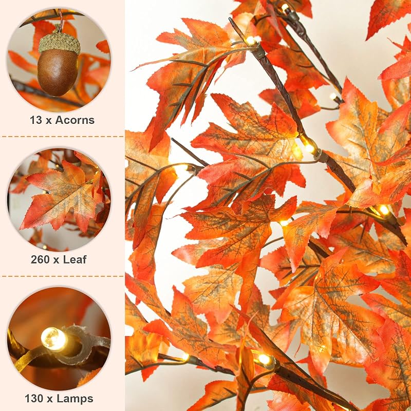 6FT 130 LED Lighted Maple Tree with 13 Branches, 260 Leaves, 13 Acorns - Remote, 8 Modes, Timer, Outdoor Autumn Decor (Variation: 6ft-130led-1pack)