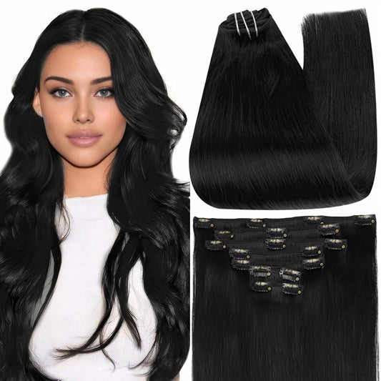 Full Shine Black Clip in Hair Extensions 24 Inch Remy Hair Extensions Clip ins Human Hair Jet Black Natural Hair Clip in Extensions for Long Hair 7 Pieces 120 G