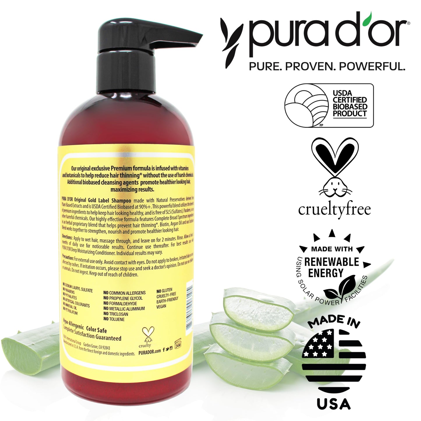 PURA D'OR 16 Oz Original Gold Label Anti-Thinning Biotin Shampoo Natural Earthy Scent, CLINICALLY TESTED Effective Results, Herbal Hair Thickening Products, 3-1 Wash, Women & Men, Color Treated Hair
