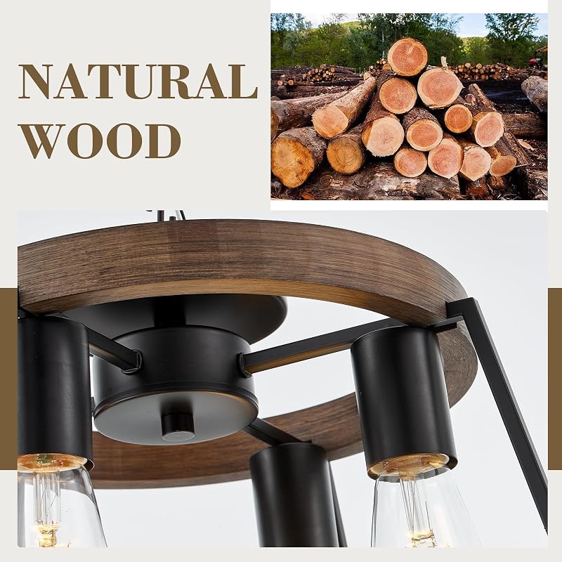Farmhouse Wood Semi Flush Mount Ceiling Light Fixture, 4-Light Black Rustic Lamp - Black & Wood Variation