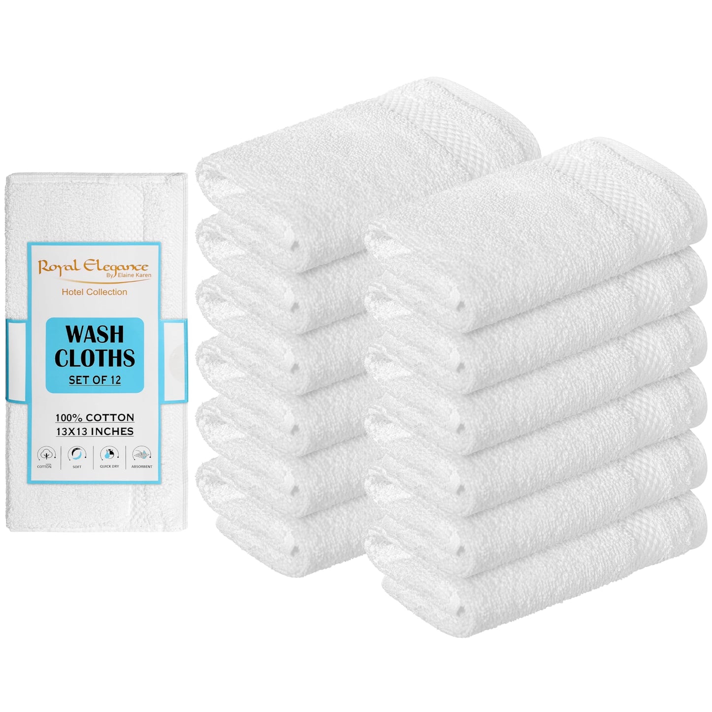 Elaine Karen White Wash Cloths for Your Face - 12 Pack Premium Cotton Washcloths - Hotel & Spa Bathroom Face Towels - 13x13 Face-Cloth