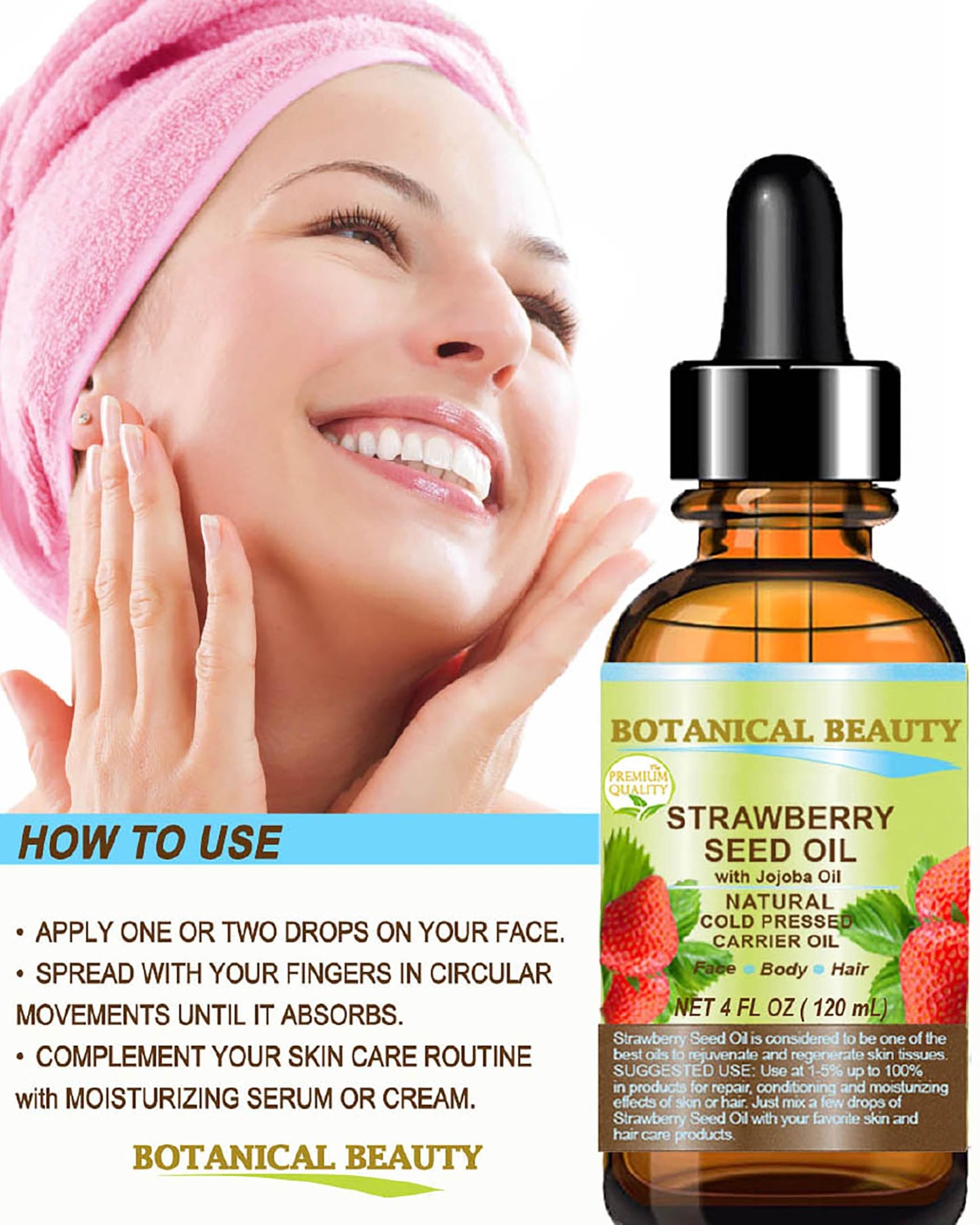 Botanical Beauty STRAWBERRY SEED OIL 100% Pure Natural Moisturizer. Cold Pressed Carrier oil. 1 Fl.oz.- 30 ml. For Face, Skin, Hair, Lip, Nails. Rich in Omega-3, Vitamin C, Vitamin E