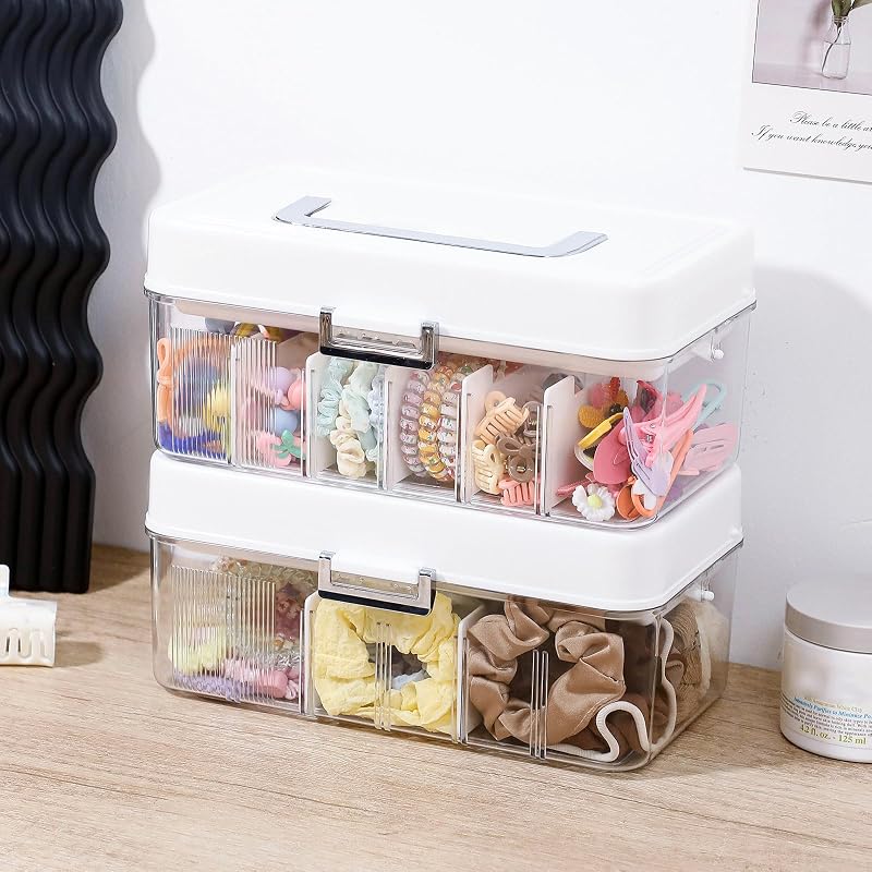 2 Pack Portable Hair Accessories Organizer Box for Girls (Plastic, Dustproof) - 2 Tiers, 12 Divisions