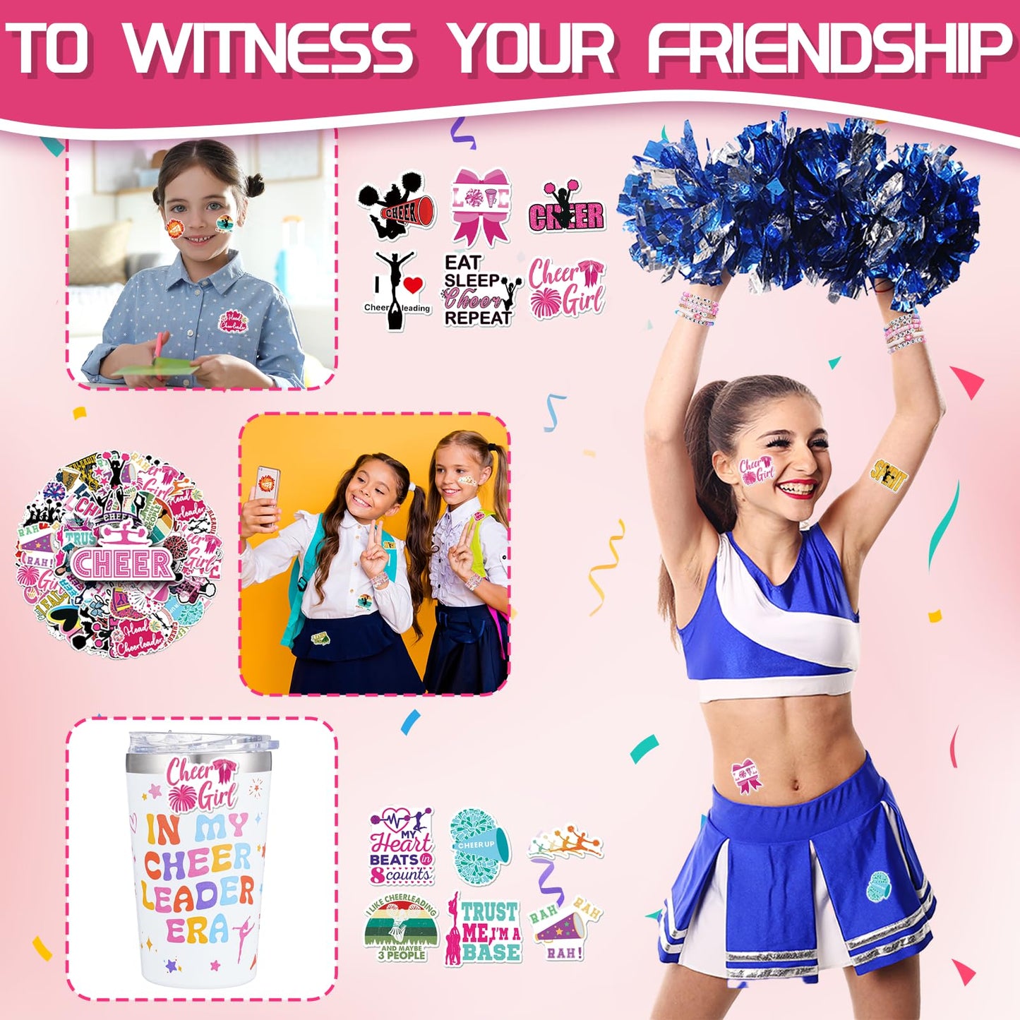 WGXX 5Pcs Cheerleader Gifts Set for Women Including 12oz Cheer Tumbler, Makeup Bags, 5 Cheerleading Bracelet, Stickers, Keychain for Cheer Team & Lovers