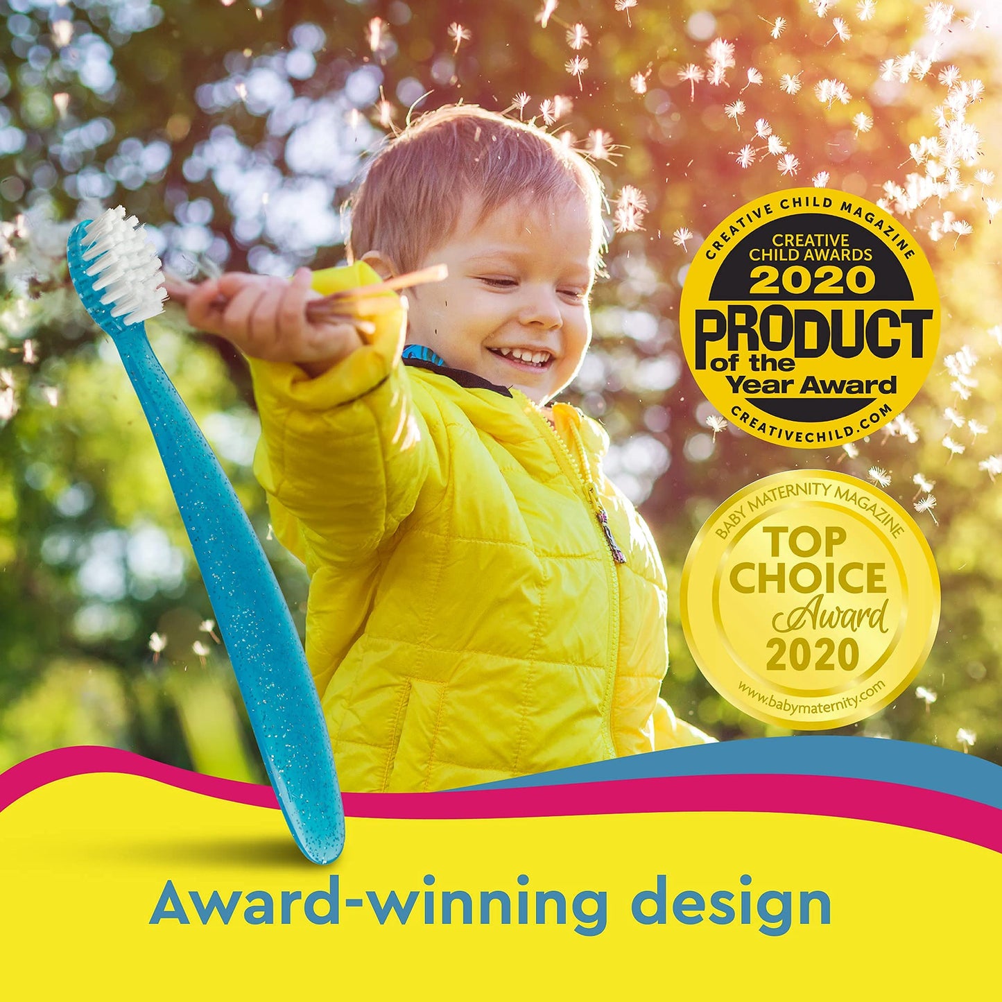 RADIUS Children's Toothbrush, Totz Brush, Extra Soft Bristles, Blue/Coral/Yellow, BPA Free & ADA Accepted, Designed for Delicate Teeth & Gums for Children 18 Months & Up, Pack of 3