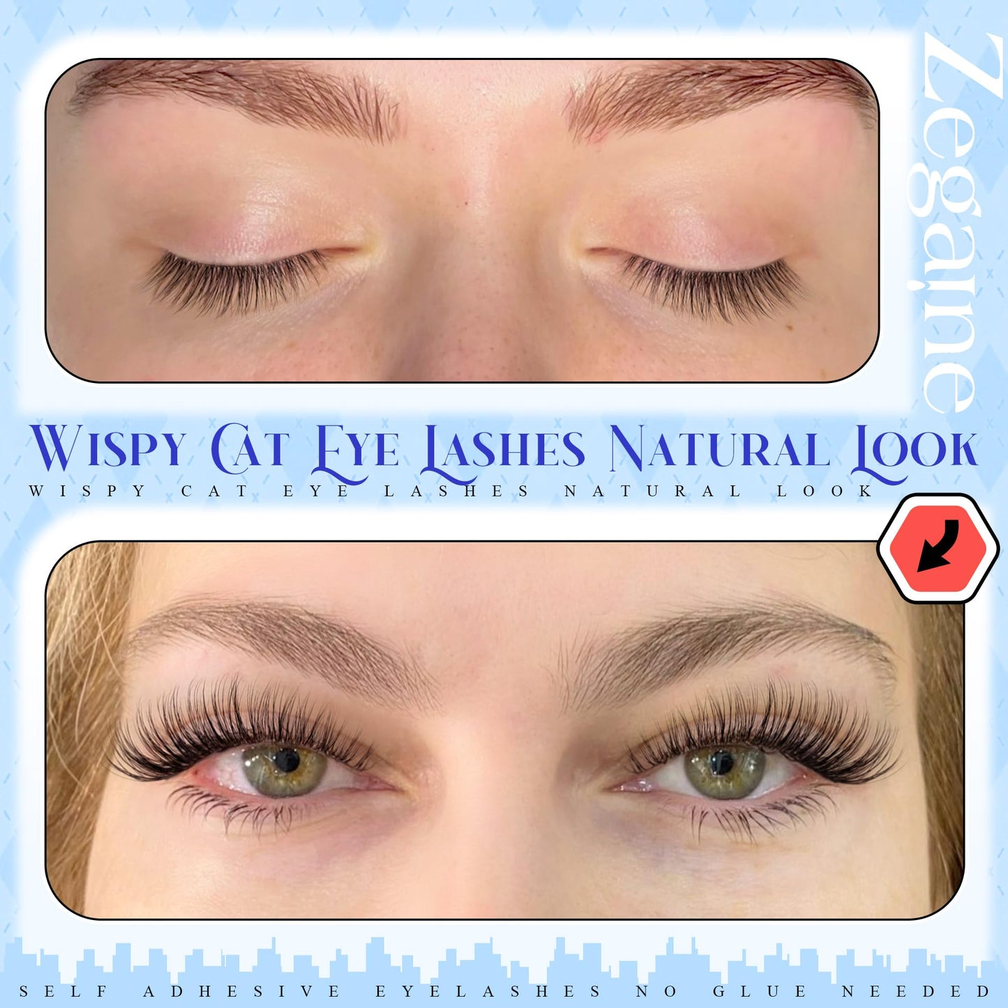 Natural Self Adhesive Eyelashes Cat Eye Lashes Natural Look Wispy Self Adhesive Lashes Clear Band Reusable 8-10MM Short Pre Glued Lashes No Glued Needed Natural Stick On Lashes 5 Pairs by Zegaine