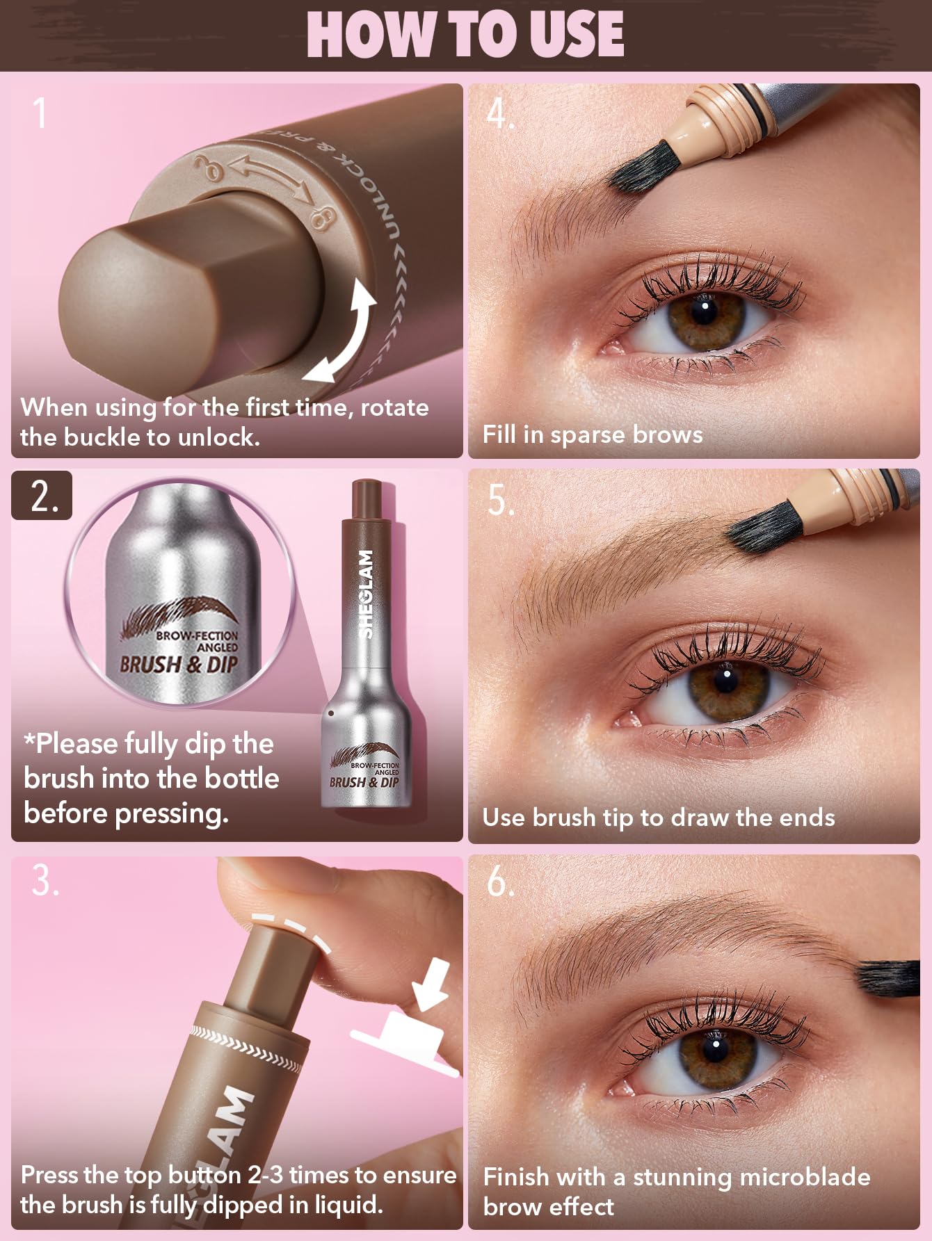 SHEGLAM Brow-Fection Angled Brush & Dip Upgraded Microblading Eyebrow Pen Long Lasting Waterproof Easy To Color-Chocolate