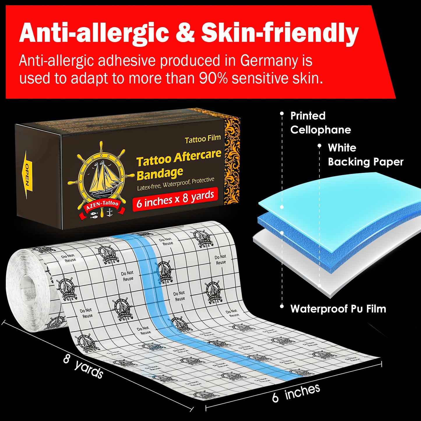 AZEN Tattoo Aftercare Bandage, 6"x 8 Yard, Waterproof Second Skin Cover up Tape, Healing Wrap, Tattoo Supplies