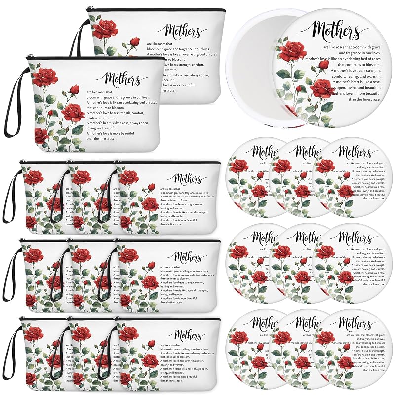 10pc Mother's Day Gift Set: Red Rose Cosmetic Bags & Inspirational Compact Mirrors
