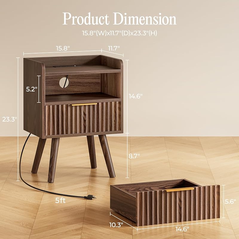 Huuger Walnut Nightstand with Charging Station - USB-C, USB-A & 2 AC Outlets (Variation: Walnut+1)