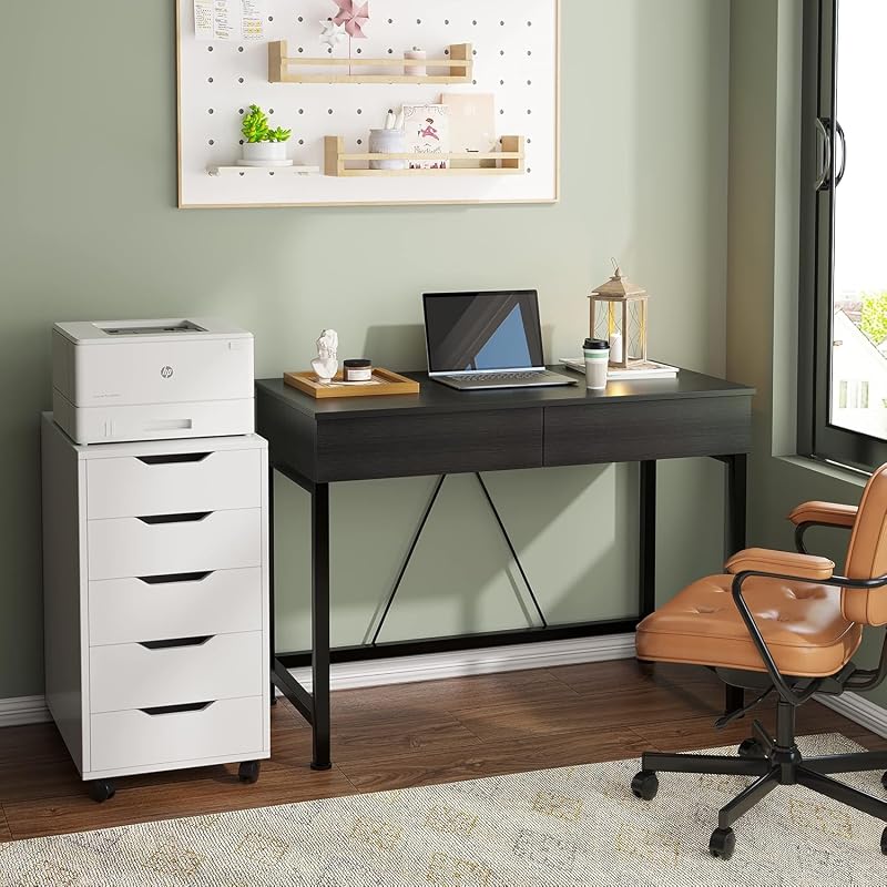 CAIYUN Small Computer Desk with Drawers - 39.4 Inch Desk with Storage, Black Wood & Metal
