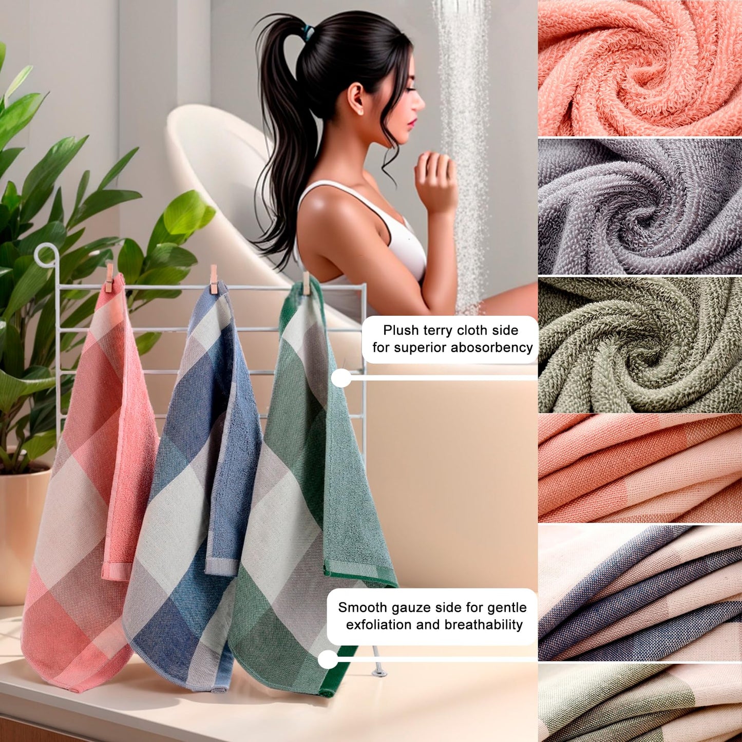 kimteny 6 Pack 100% Cotton Washcloths, Dual-Sided Design (Terry + Gauze) Facecloths, 13x13 Inch Ginghqm Washrags, Soft & Skin-Friendly, for Bathroom, Kitchen & Household (Blue, 13x13 Inches)