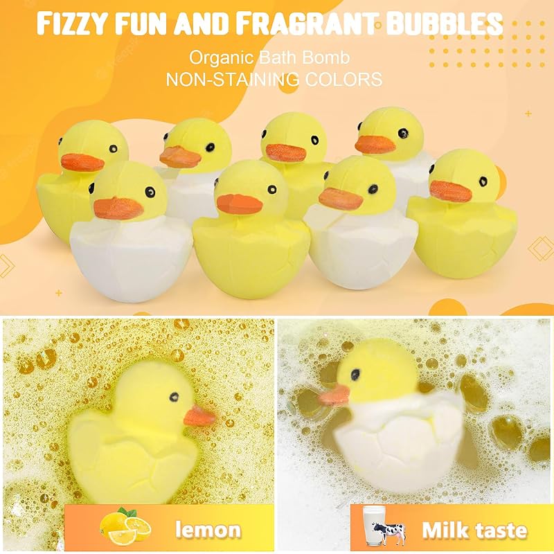 Duck Bath Bombs with Toys Inside - 8 Pack Organic Kids Bath Gift Set