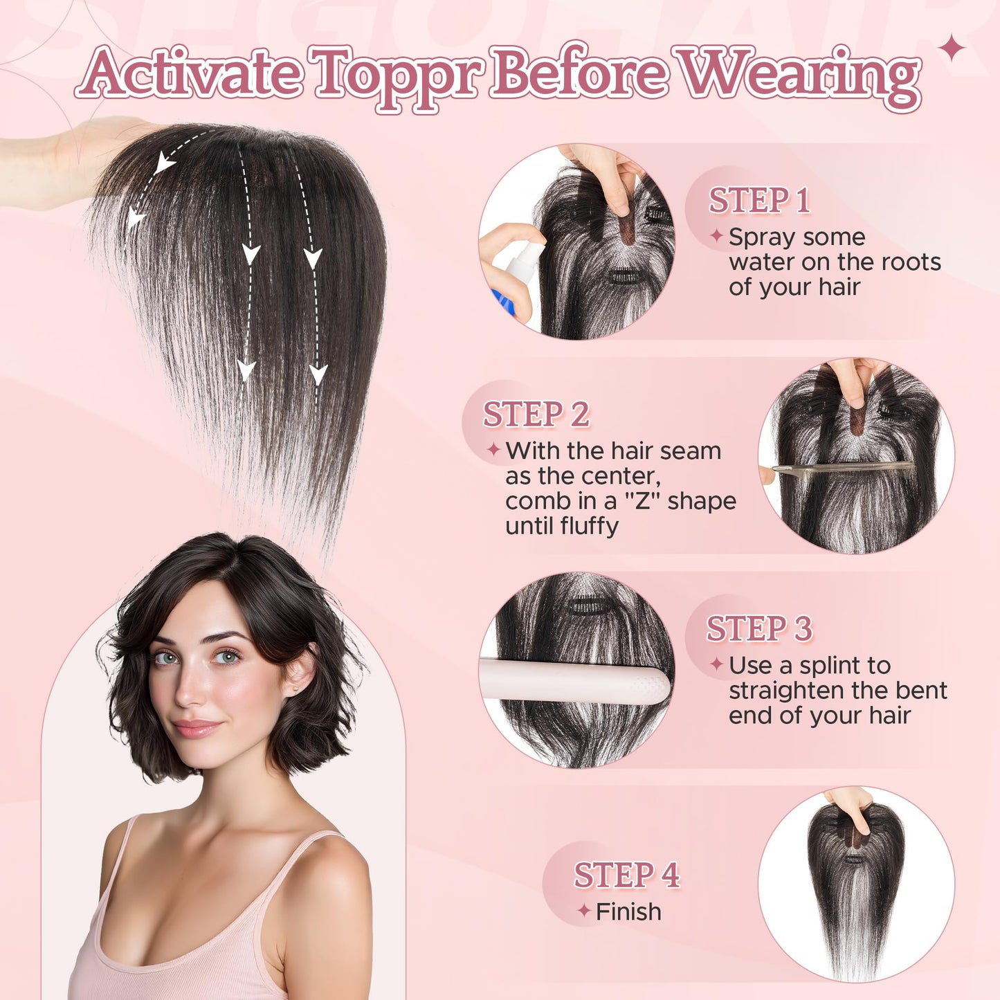 SEGO Hair Toppers for Women Real Human Hair with Wispy Bangs, 9 * 12.5 cm Hand-tied Base Invisible Edges Breathable Fluffy Clip in Top Hairpieces Add Volume -06 Light Brown