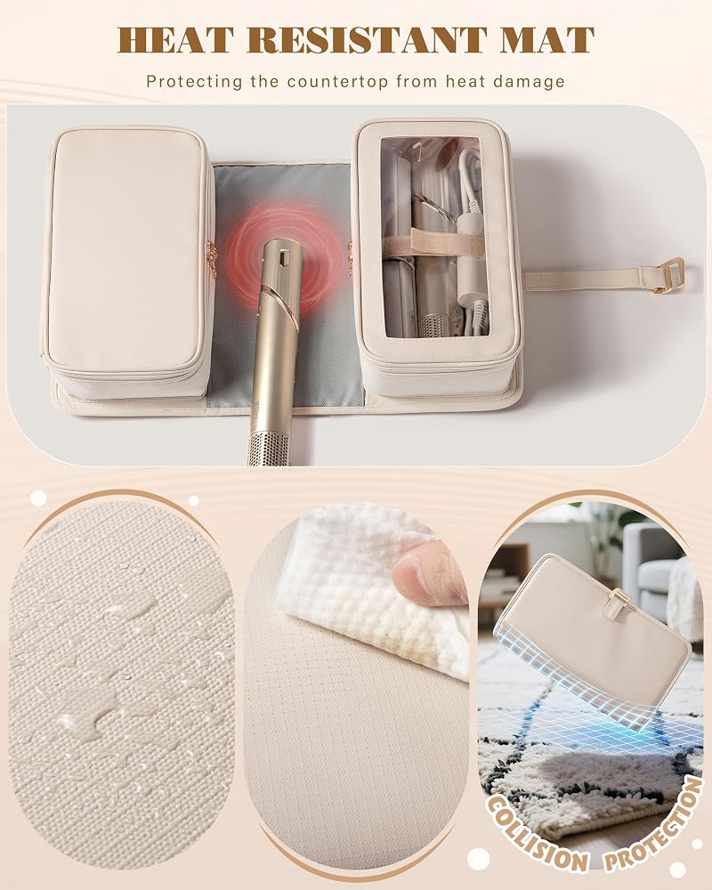 Beige Travel Hair Tools Bag with Heat-Resistant Mat & Organizer
