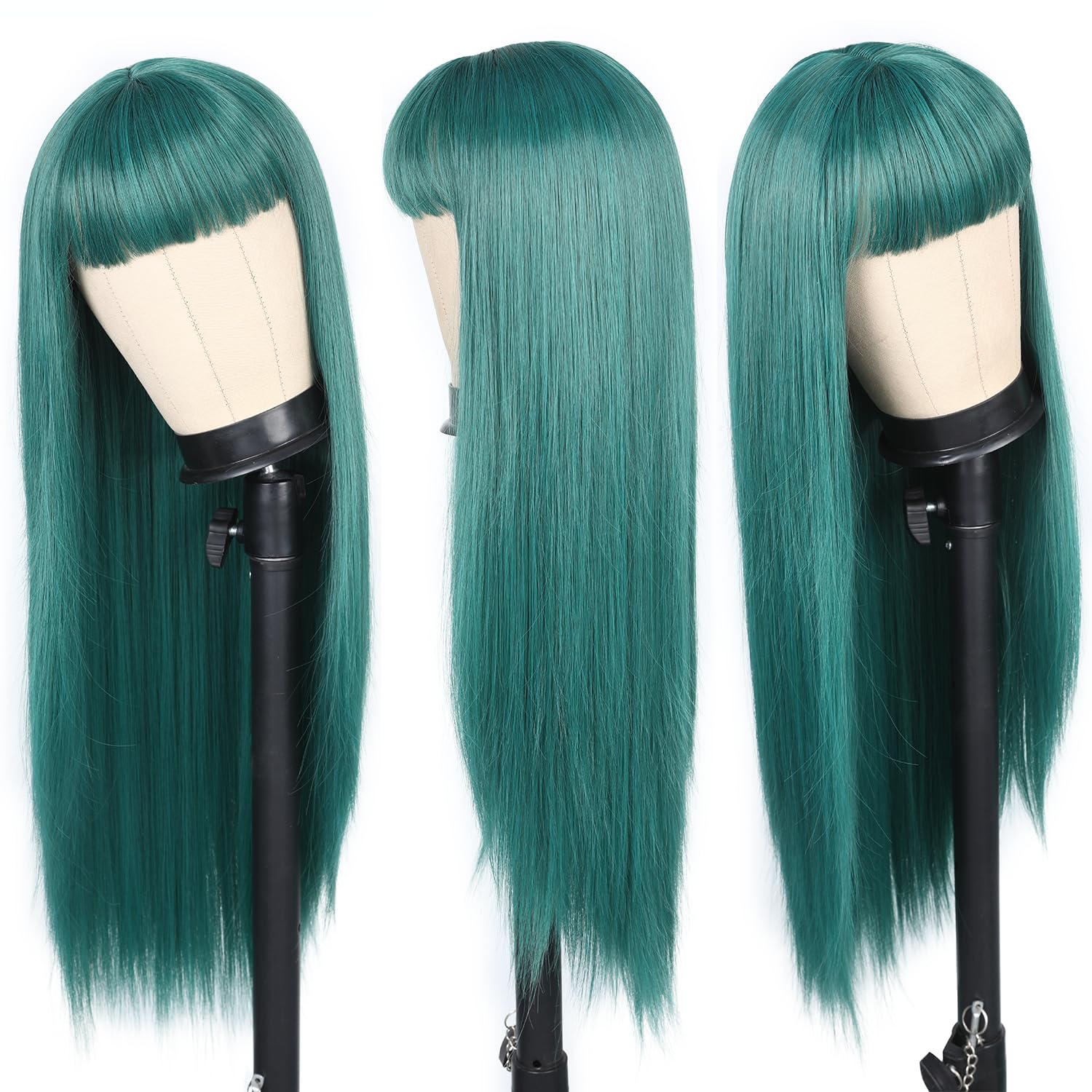 WIGER Long Green Wigs with Bangs Straight Dark Green Hair Wig for Women Long Bangs wig Full Green Cosplay Wig for Girls Synthetic Natural Hair for Daily or Costumes (Green with Bangs)