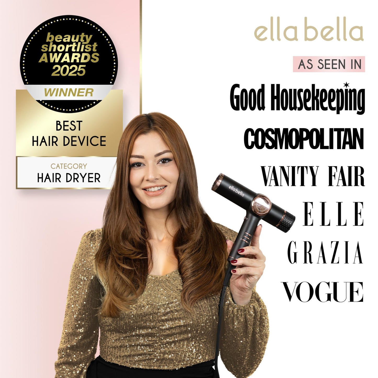 ELLA BELLA® Professional Ionic Hair Dryer with Diffuser • Negative Ion Blow Dryer • Suitable All Hair Types • Intelligent Heat Control & Rapid Drying Speeds • Lightweight Design • Low Noise Technology