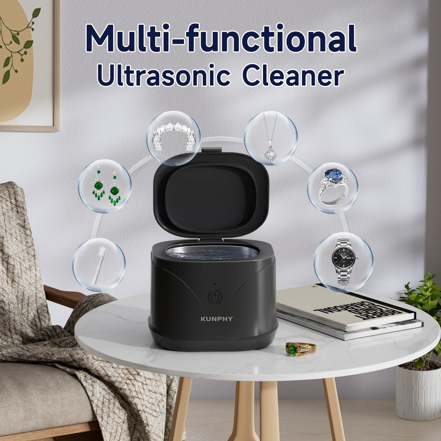 Ultrasonic Retainer Cleaner, KUNPHY 46KHz Professional Ultrasonic Cleaner 7.5Oz, Retainer Cleaner Machine for Dentures, Braces, Aligner, Dental Appliances (Black)