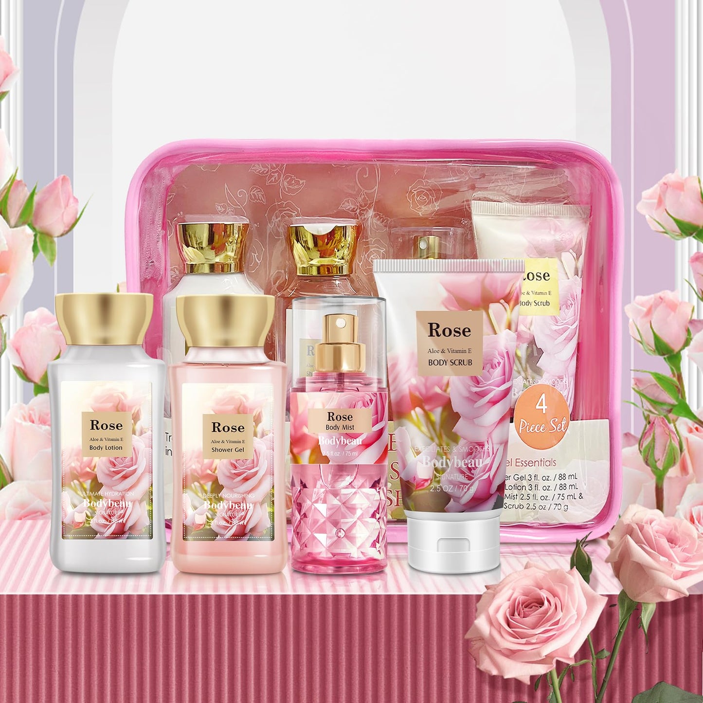 Bath and Body Gift Set for Women & Girls, Rose 4PCS Set for - Shower Gel, Body Lotion, Body Mist, Exfoliating Scrub, Personal Portable Body Care Travel Set