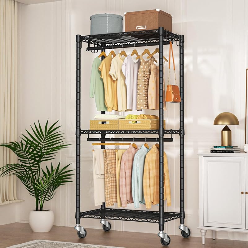FUTASSI P3 Mini Heavy-Duty Rolling Clothes Rack – 3-Tier Adjustable Garment Rods, 430 lb Capacity, Black