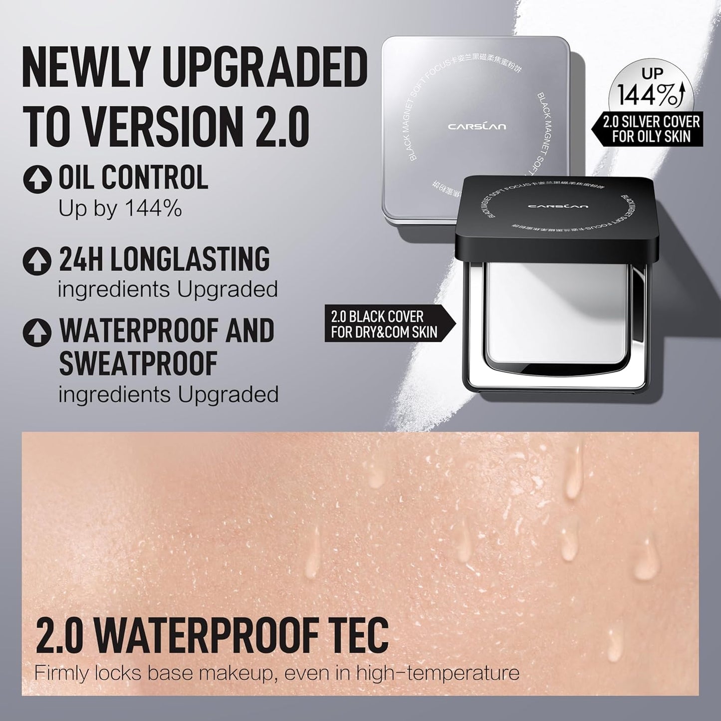CARSLAN 2.0 Waterproof Translucent Setting Powder - Long-Lasting Oil Control Compact Makeup for Oily Skin, 0.28oz