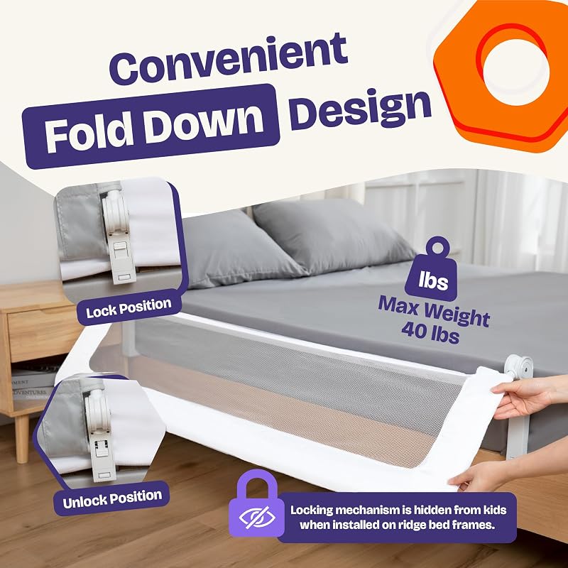 ComfyBumpy 55.5" Bed Rail for Toddlers, Swing-Down Guard for Twin–King Mattresses, White, 1-Pack