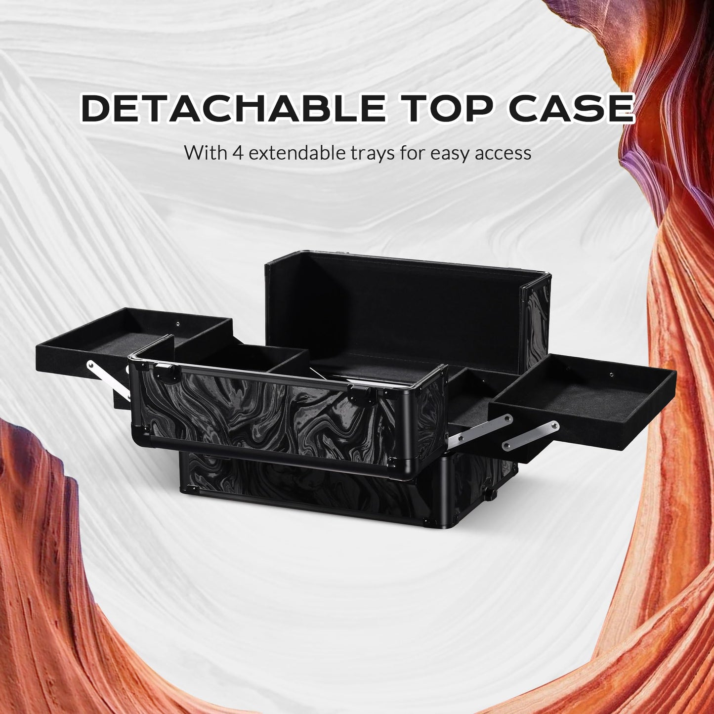 BYOOTIQUE Rolling Makeup Train Case on Wheels 4in1 Cosmetology Profesional Travel Cosmetic Bag Lockable Organizer Box for Hairstylist Artist Nail Beauty Salon Barber,CoyoteButtes Shadows