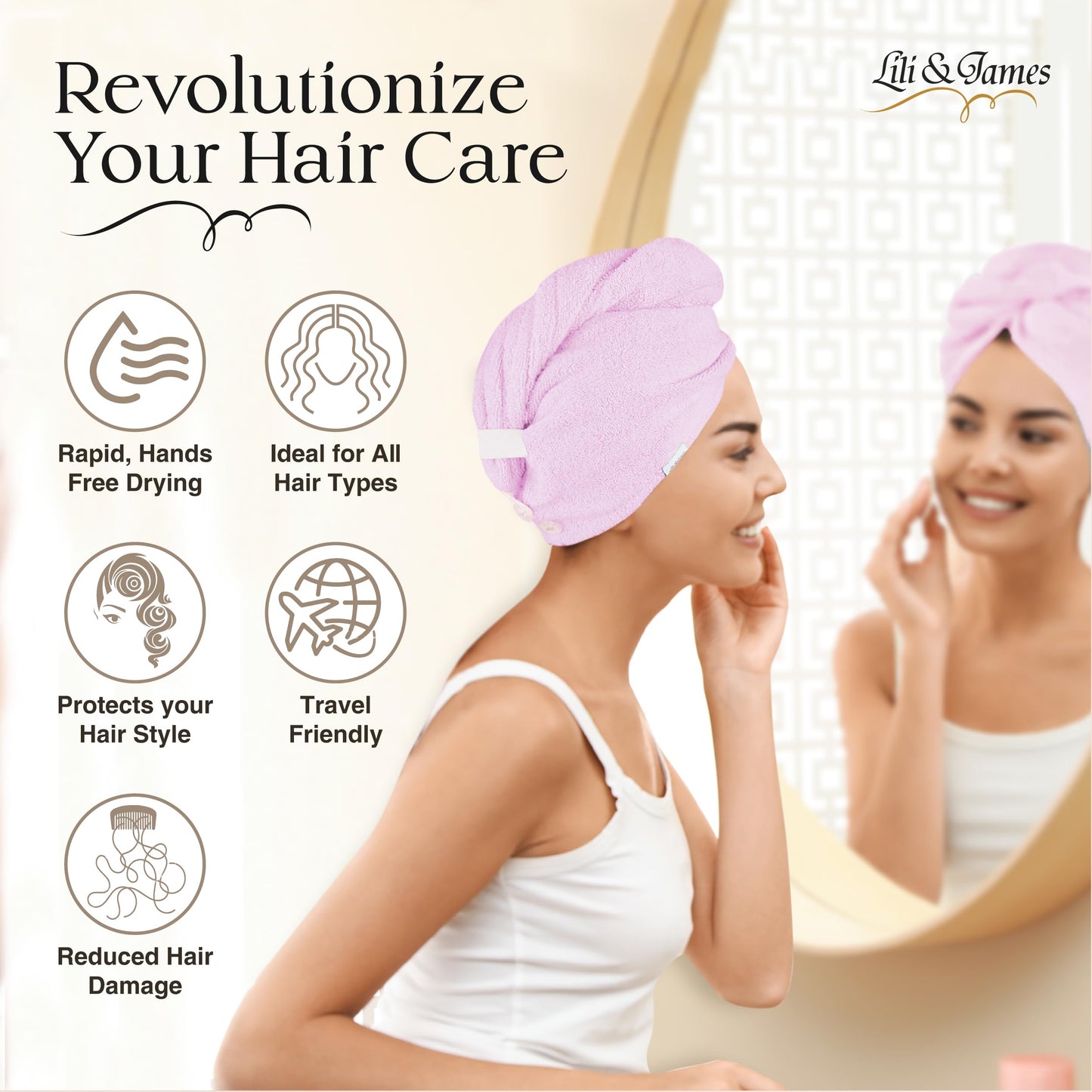 Cotton Hair Towel Wrap for Women/Kids | Quick Dry, Soft & Absorbent 420 GSM Hair Wrap Towels with Double Button | Anti Frizz, Non Microfiber Hair Turbans for Curly, Long Hair (Lilac+Pink)