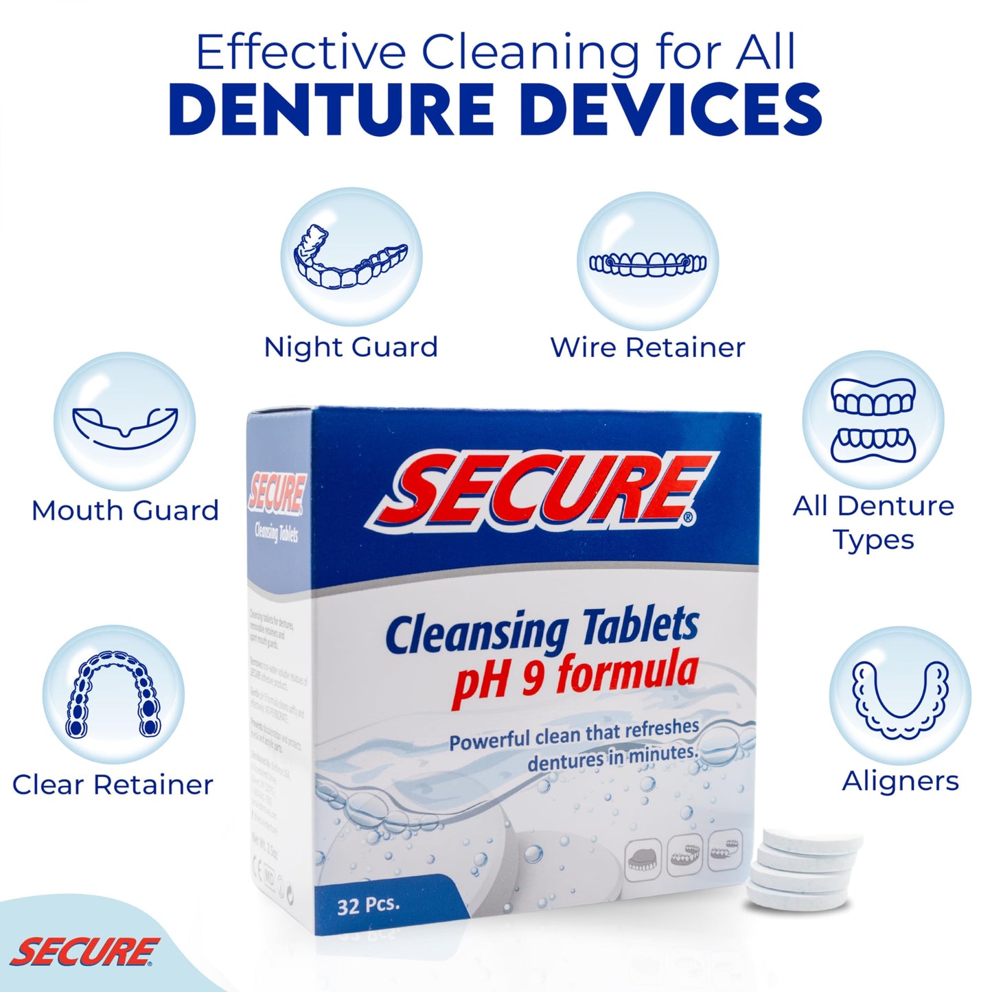 Secure Daily Cleansing Tablets - pH 9 Formula Thoroughly Cleans Dentures - FSA & HSA Approved - Fights Odors, Stains & Germs - For Dentures, Nightguards, Retainers & Partials - 32 Tablets (1 Pack)