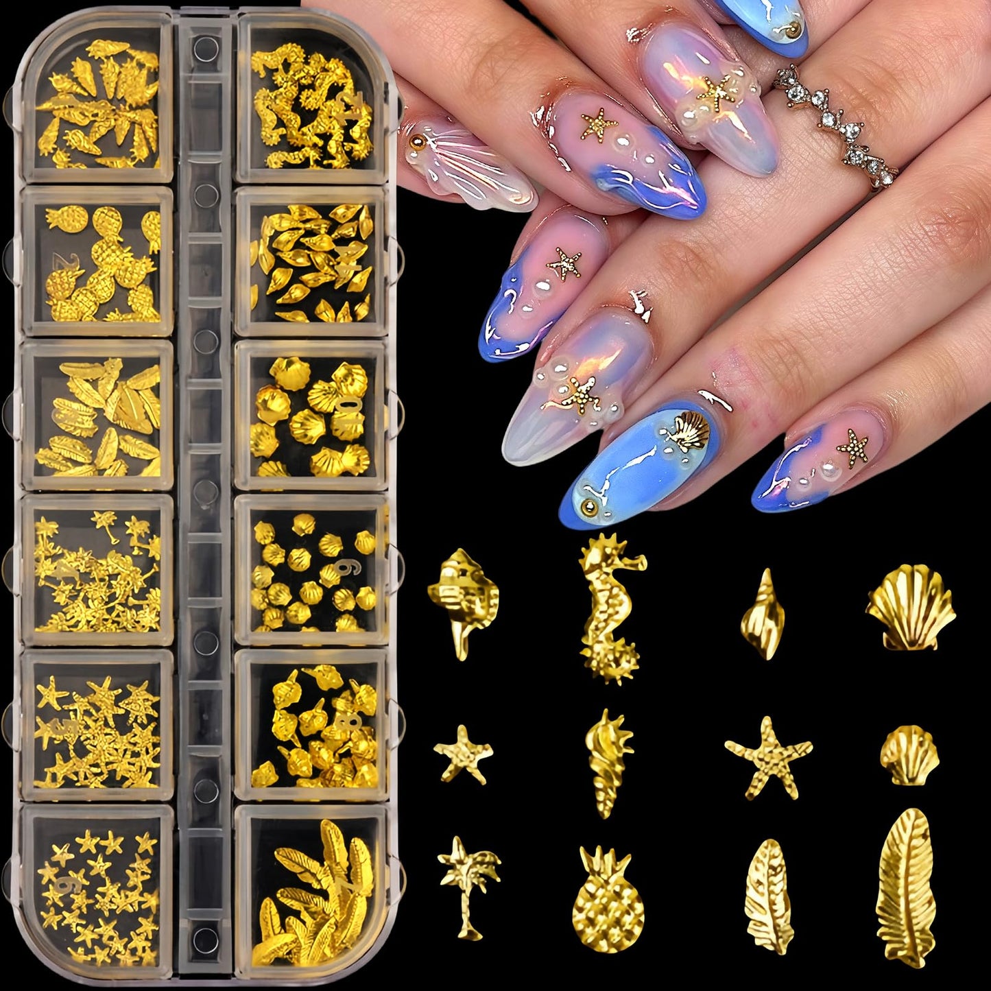 3D Metal Nail Art Studs Mixed Shapes Gold Shell Seahorse Starfish Conch Alloy Nail Rivets Seashell Starfish Nail Rhinestones Ocean Theme Designs Summer Beach DIY Crafts Manicure Decoration 12 Grids