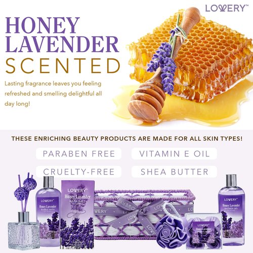 Valentines Day Gifts for Her, Bath and Body Gift Basket For Women & Men, Honey Lavender Home Spa Set with Essential Oil Diffuser, Soap Flowers, Bath Salts, Bubble Bath & More 13pc Presents for Mom