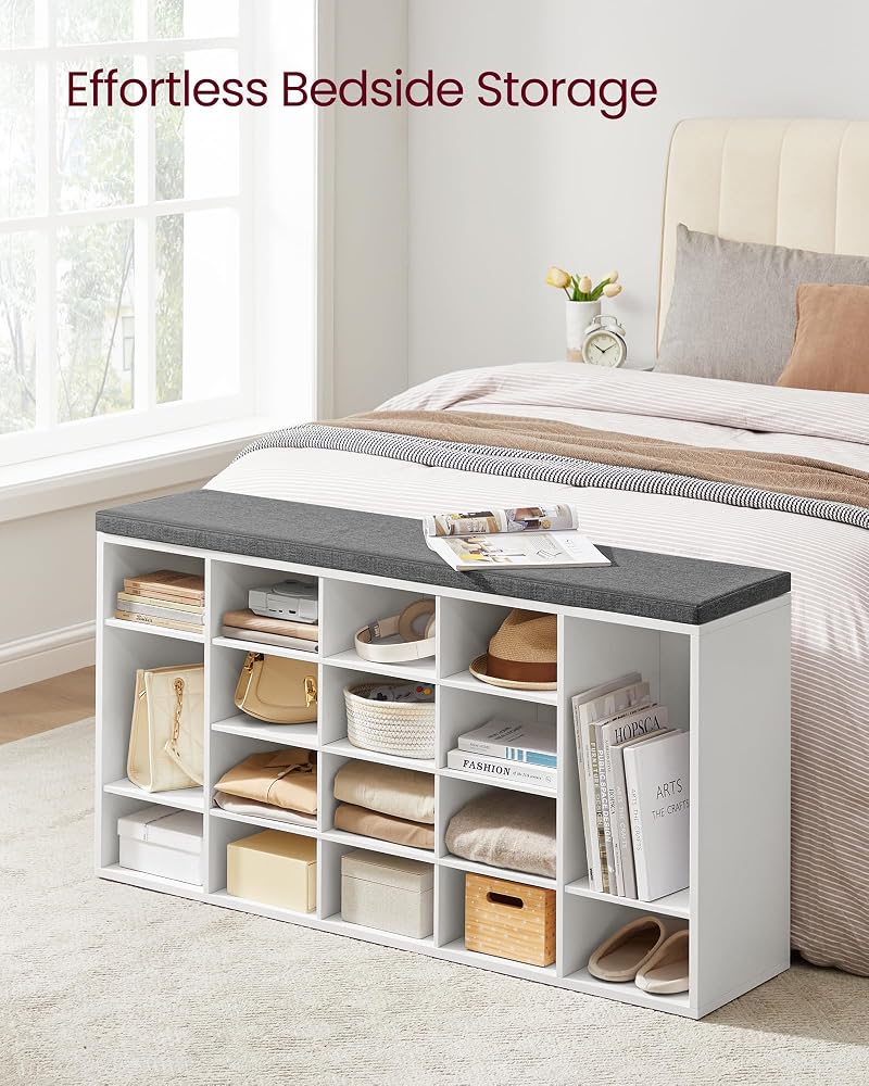 Shoe Bench with Cushion - 20 Cubby Compartments, 12 x 47.2 x 24.7 Inches (Cloud White + Dove Gray)