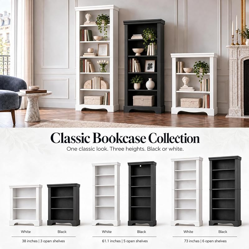 3-Tier Bookshelf, Small White Bookcase — 11.4"D x 24.6"W x 38"H — Variation: White+3-tier