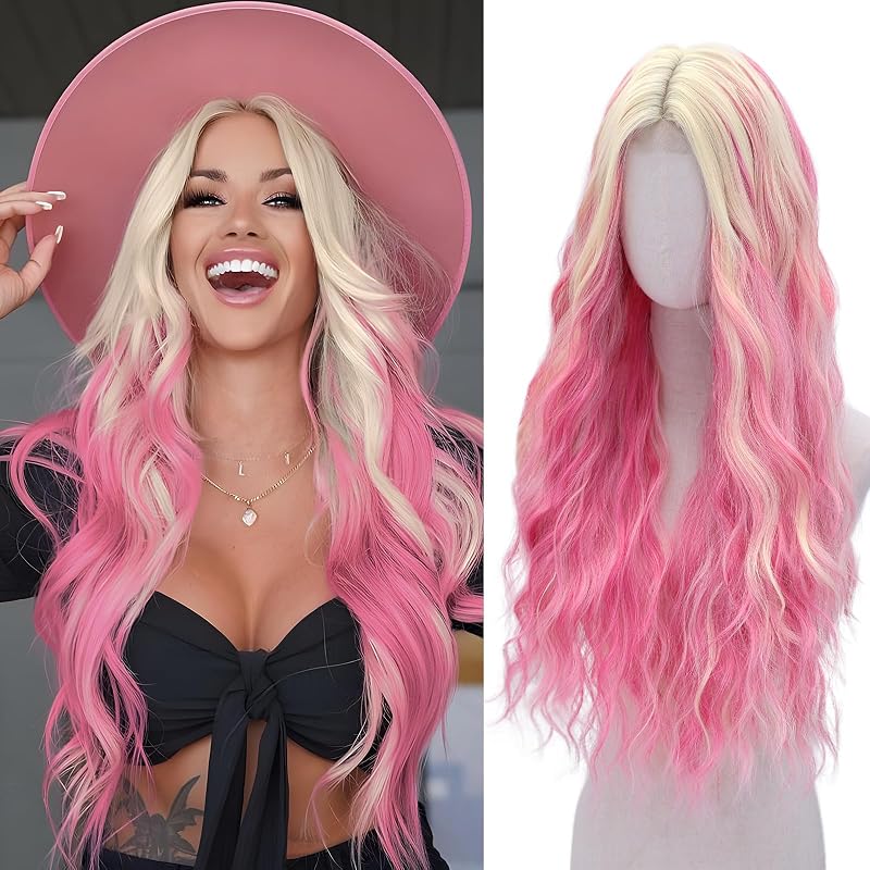 Pink Blonde 28 Inch Wavy Lace Front Wig - Long Synthetic Hair for Women, Variation: Pink Blonde+28 Inch