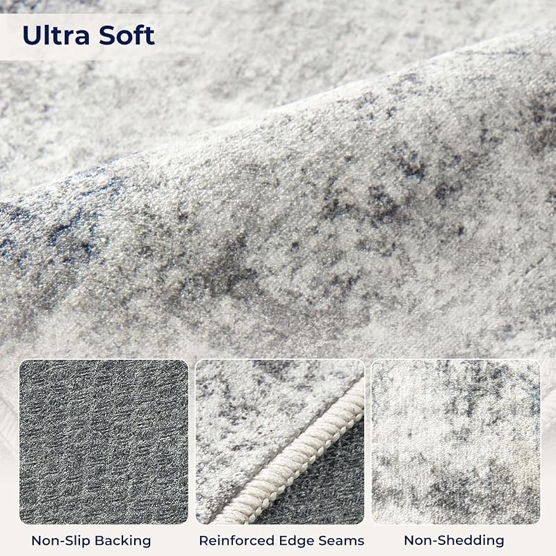 Grey-Blue 9x12 Area Rug - Machine Washable Abstract Living Room Carpet