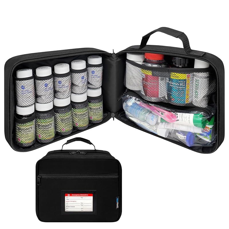 Large Pill Bottle Organizer & Medicine Bag, Emergency Card, Black