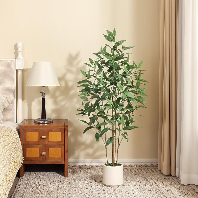 4Ft Artificial Eucalyptus Plant with White Planter - Multi-Trunk Fake Tree