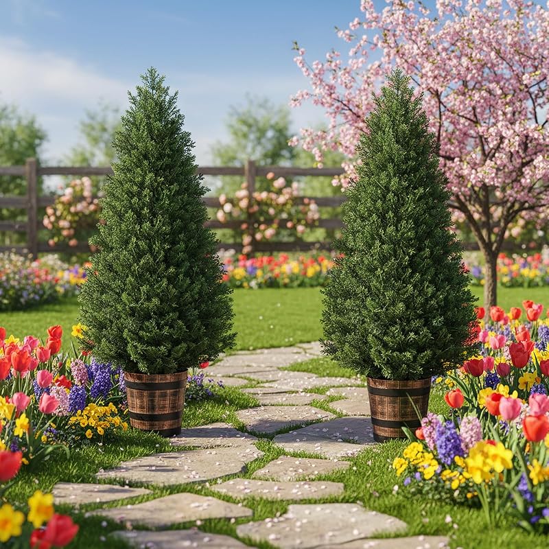 4FT Set of Artificial Cedar Topiary Trees in Barrel Planter – Outdoor/Indoor Faux Pine Shrubs