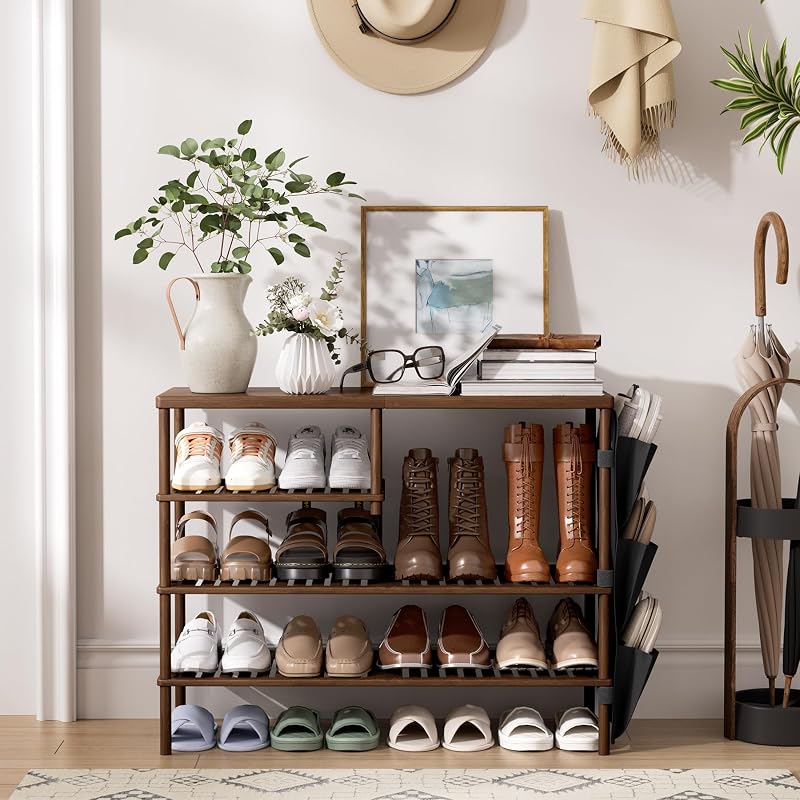 Walnut Brown 4-Tier Bamboo Shoe Rack Organizer | Freestanding 20-24 Pairs