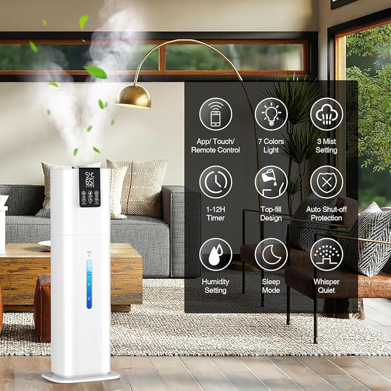 White 8L Top-Fill Smart Humidifier with App & Remote, 550 Sq Ft Night Light 40H 3 Mist Levels