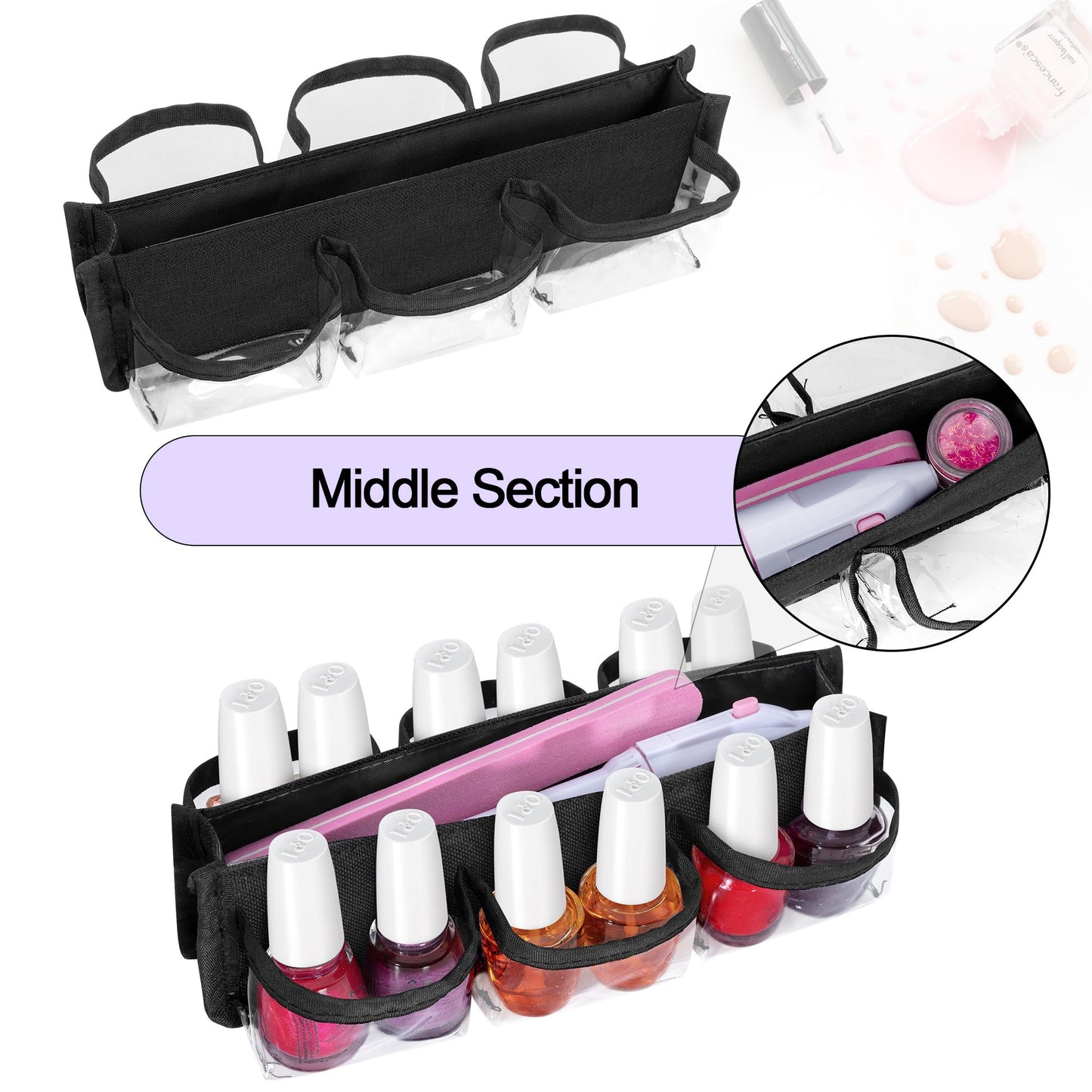 BAFASO Small Clear Nail Polish Organizer Case Holds 12 Bottles (15ml - 0.5 fl.oz), PVC Nail Polish Storage with a Removable Inner Pouch (Bag Only), Black (Patented)