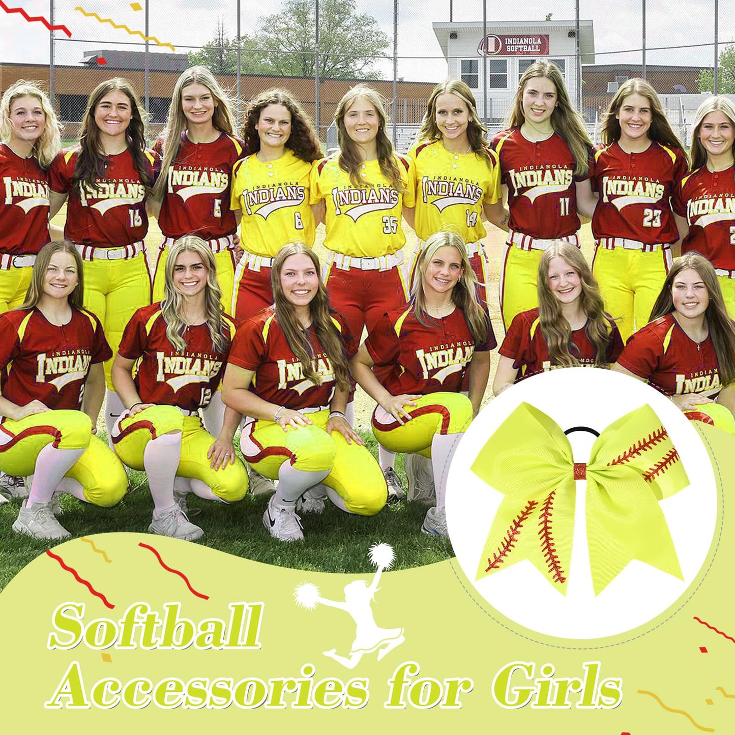 DEEKA 12 PCS Softball Cheer Bows with 2 Glitter Stitching Cheerleader Team Bows Elastic Band for Softball Sports Girls (Neon Yellow+Red Stitching)