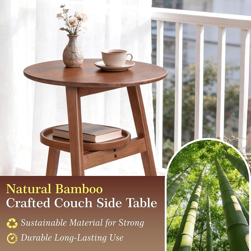 2-Tier Round Bamboo Side Table Brown-1 | Mid Century Modern End Table