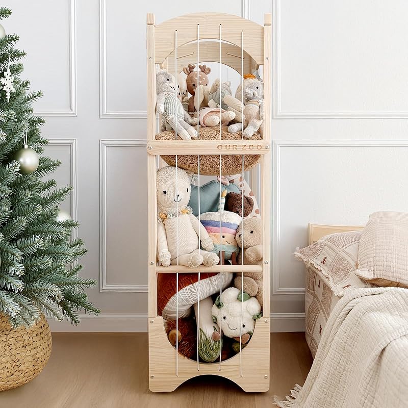 Stuffed Animal Storage Toy Organizer in Wood – Kid Bedroom Cabinet with Wheels