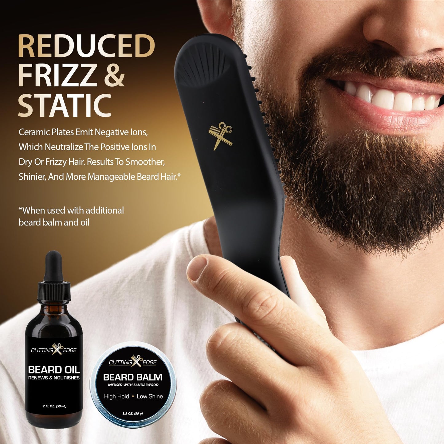 Cutting Edge Heated Beard Straightener Brush for Men, Includes Beard Oil & Beard Balm, Ceramic Heated Brush, Auto Shutoff, Beard Straightening Hot Comb Tool for Men